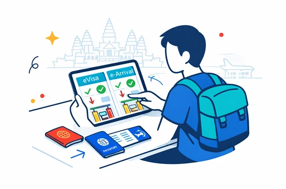 Flat or semi-flat vector illustration, clean lines, modern tech feel, isometric travel compliance scene showing an abstract faceless traveler comparing Cambodia eVisa and e-Arrival steps on a tablet, with passport, boarding pass, approval icons and border checkpoint arrows, calm organized efficient safe atmosphere, Aid-Air deep blue and turquoise colors with Cambodia accent red and warm gold, minimalist white and light grey background with a faint outline of Angkor Wat and a subtle airport silhouette, no text, no logos, not photorealistic