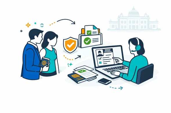 Flat or semi-flat vector illustration, clean lines, modern tech feel, 2D scene of abstract faceless travelers and a remote support expert doing a final review before submitting an India business eVisa application, with passport, verified documents, shield icon, laptop and phone, calm organized efficient safe atmosphere, deep blue and turquoise primary palette with saffron orange and green India accents, minimalist white and light grey background with a faint outline of an Indian government-style building, no text, no logos, not photorealistic