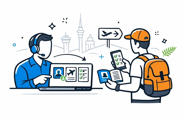 Flat or semi-flat vector illustration, modern tech service style, clean lines. A faceless support specialist and traveler reviewing passport details, flight itinerary and digital checklist for a New Zealand transit NZeTA application on laptop and phone screens. Deep blue and turquoise brand colors with fern green accent, minimalist white and grey background, faint outline of the Auckland skyline and airport signage, calm safe organized atmosphere, non-photorealistic.