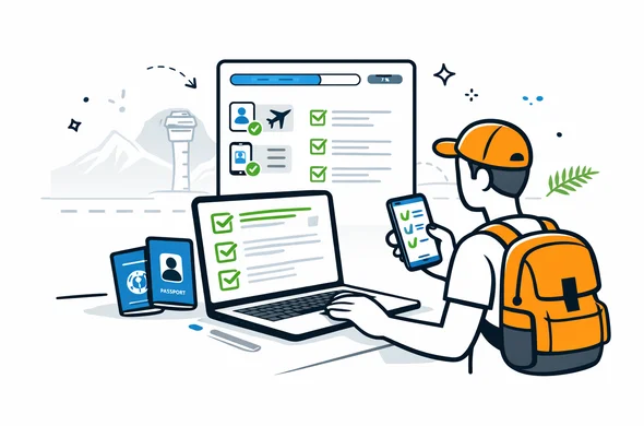 Flat or semi-flat vector illustration, modern tech interface, clean lines, 2D or light isometric scene. A faceless traveler completing an online New Zealand transit application with organized documents, passport and phone, while a calm digital checklist shows progress. Deep blue and turquoise primary palette with fern green accent, minimalist white and grey background, faint silhouette of New Zealand mountains and Auckland airport control tower, safe efficient organized atmosphere, non-photorealistic.