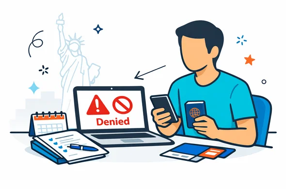 Flat or semi-flat vector illustration, clean lines, modern tech feel, 2D or light isometric. A faceless neutral traveler sitting calmly with passport, smartphone and laptop showing a denied ESTA status screen, organized documents on the desk, subtle U.S. travel context with faint Statue of Liberty outline in the background. Deep blue and turquoise brand palette with subtle red accent for the USA. Minimalist white and light grey background, calm, safe, efficient atmosphere, not photorealistic. Flat or semi-flat vector illustration, clean lines, modern tech feel, 2D or light isometric. A faceless neutral traveler sitting calmly with passport, smartphone and laptop showing a denied ESTA status screen, organized documents on the desk, subtle U.S. travel context with faint Statue of Liberty outline in the background. Deep blue and turquoise brand palette with subtle red accent for the USA. Minimalist white and light grey background, calm, safe, efficient atmosphere, not photorealistic.