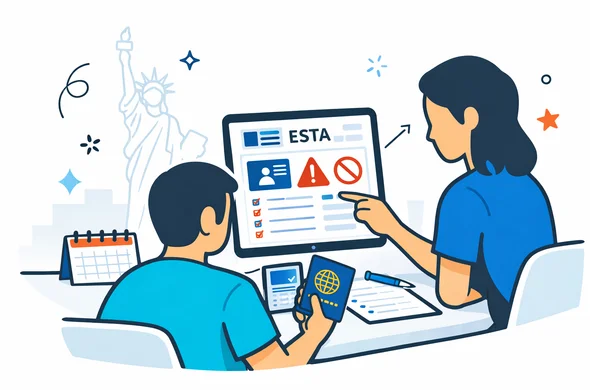 Flat or semi-flat vector illustration, modern clean vector style with faceless abstract characters reviewing a digital ESTA form, warning icons, passport details, and a travel checklist. Calm organized desk scene, deep blue and turquoise palette with subtle U.S. red accent, faint outline of the Statue of Liberty or U.S. skyline in background, minimalist white and grey environment, safe efficient feeling, not photorealistic. Flat or semi-flat vector illustration, modern clean vector style with faceless abstract characters reviewing a digital ESTA form, warning icons, passport details, and a travel checklist. Calm organized desk scene, deep blue and turquoise palette with subtle U.S. red accent, faint outline of the Statue of Liberty or U.S. skyline in background, minimalist white and grey environment, safe efficient feeling, not photorealistic.