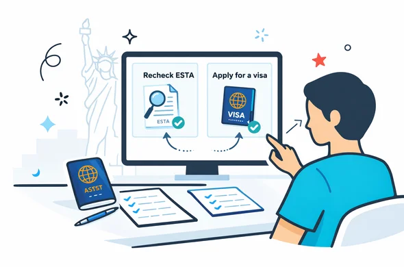 Flat or semi-flat vector illustration, clean modern tech design. A faceless traveler choosing between two organized paths on a digital screen: recheck ESTA details versus apply for a visa, with passport, checklist, and subtle U.S. landmark silhouette in the background. Deep blue and turquoise primary colors with subtle red accent, minimalist white and grey setting, calm safe efficient mood, not photorealistic. Flat or semi-flat vector illustration, clean modern tech design. A faceless traveler choosing between two organized paths on a digital screen: recheck ESTA details versus apply for a visa, with passport, checklist, and subtle U.S. landmark silhouette in the background. Deep blue and turquoise primary colors with subtle red accent, minimalist white and grey setting, calm safe efficient mood, not photorealistic.