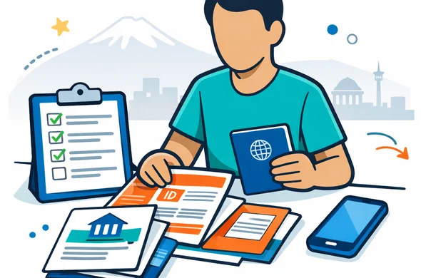 Flat or semi-flat vector illustration, clean modern tech style, 2D with slight isometric depth, deep blue and turquoise primary palette with warm apricot and terracotta accents inspired by Armenia, faceless neutral traveler organizing passport, digital checklist, visa documents and phone on a desk, minimalist white and light grey background, faint silhouette of Mount Ararat and Yerevan skyline, calm efficient safe atmosphere, clean lines, not photorealistic Flat or semi-flat vector illustration, clean modern tech style, 2D with slight isometric depth, deep blue and turquoise primary palette with warm apricot and terracotta accents inspired by Armenia, faceless neutral traveler organizing passport, digital checklist, visa documents and phone on a desk, minimalist white and light grey background, faint silhouette of Mount Ararat and Yerevan skyline, calm efficient safe atmosphere, clean lines, not photorealistic