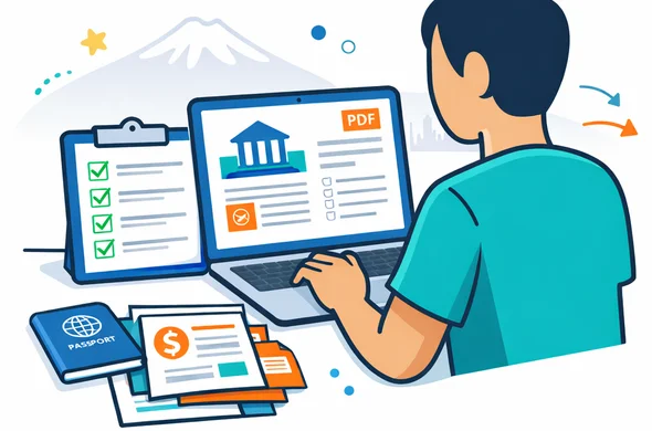 Flat or semi-flat vector illustration, modern vector tech style, clean lines, deep blue and turquoise with apricot accents inspired by Armenia, faceless abstract character reviewing a bank statement PDF on a laptop next to passport and checklist, financial document icons, minimal white and grey background, faint outline of Armenian mountain landscape, calm organized secure atmosphere, 2D not photorealistic Flat or semi-flat vector illustration, modern vector tech style, clean lines, deep blue and turquoise with apricot accents inspired by Armenia, faceless abstract character reviewing a bank statement PDF on a laptop next to passport and checklist, financial document icons, minimal white and grey background, faint outline of Armenian mountain landscape, calm organized secure atmosphere, 2D not photorealistic