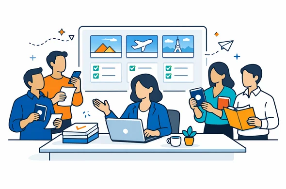 Flat or semi-flat vector illustration, modern tech feel, clean lines, 2D office scene with an operations manager coordinating visa applications for several employees, abstract faceless characters with neutral skin tones holding passports, phones and document folders, dashboard with destination cards and checklists, primary colors deep blue and turquoise, subtle warm amber accent for guidance and organization, calm efficient safe atmosphere, minimalist white and light grey background, no photorealism, no text, slight isometric perspective