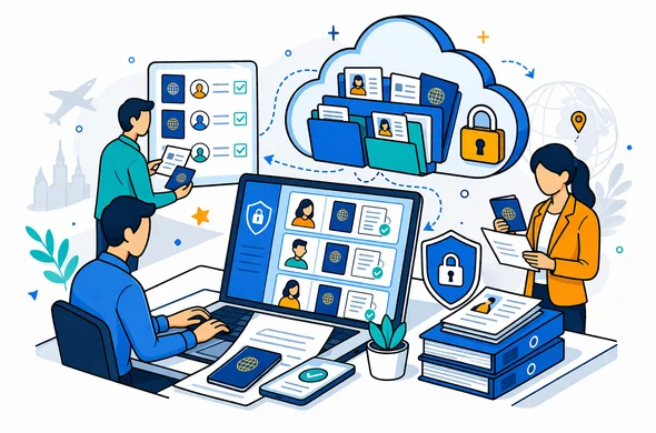 Flat or semi-flat vector illustration, clean lines, modern secure digital workspace, abstract faceless characters managing protected visa files for multiple employees, secure cloud folders, lock icons, passports and document cards, deep blue and turquoise palette with subtle warm amber accent, calm safe organized atmosphere, minimalist white and grey background, no photorealism, no text, slight isometric view