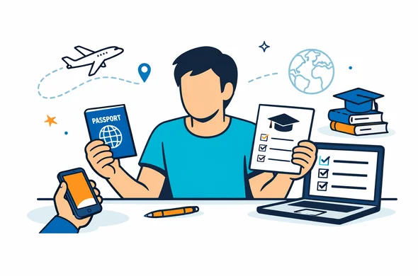 Flat vector illustration, modern tech travel guidance scene, faceless abstract traveler at a desk comparing passport, short course acceptance letter, phone, and visa checklist on laptop, deep blue and turquoise palette with warm amber accent for guidance, clean lines, 2D semi flat style, calm organized efficient atmosphere, minimalist white and light grey background, faint outline of airplane route and academic icons, no photorealism, no text, safe trustworthy mood