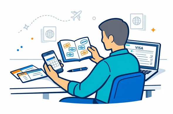 Flat or semi-flat vector illustration, clean modern tech style, 2D composition, Aid-Air brand colors deep blue and turquoise with soft amber accent, faceless abstract traveler sitting at a desk reviewing an open passport with multiple entry stamps, boarding passes, a visa form on a laptop, and a phone showing travel dates, calm organized efficient atmosphere, minimalist white and light grey background with faint airport route lines and subtle passport icons, no photorealism, no text, clean lines, safe and trustworthy feeling