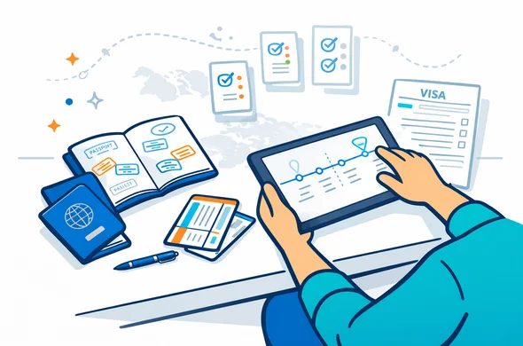 Flat or semi-flat vector illustration, clean modern 2D tech style, deep blue and turquoise primary palette with soft amber accent, faceless abstract person creating a travel timeline on a tablet while comparing passport stamps, visa forms, old passport, and supporting documents spread neatly on a desk, organized checklist icons floating nearby, calm efficient safe atmosphere, minimalist white and light grey background with faint dotted world route map, no text, no photorealism