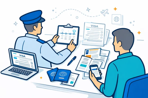 Flat or semi-flat vector illustration, modern clean vector art, deep blue and turquoise with soft amber accent, faceless abstract immigration review scene with a calm official-style desk, traveler documents neatly arranged: passport, old passport, travel timeline, visa form, supporting papers, laptop and phone, emphasis on consistency and careful review rather than stress, minimalist white and light grey background with subtle geometric travel icons, safe organized trustworthy atmosphere, no text, not photorealistic