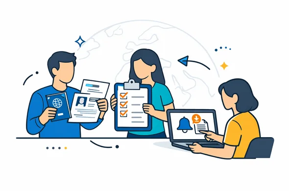 Flat vector illustration, modern tech style, clean lines, 2D composition, white and light grey minimalist background with a faint globe outline, deep blue and turquoise primary palette with warm yellow guidance accents. Abstract faceless characters reviewing visa documents, passport, checklist, and laptop screen with update notifications. Calm, organized, secure atmosphere, no readable text, no photorealism, no gradients.