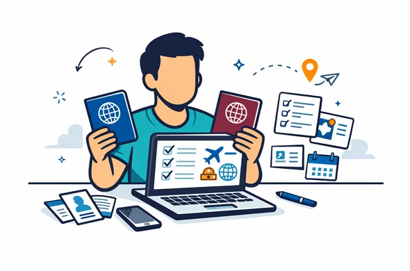 Flat or semi-flat vector illustration, modern tech style, clean lines, 2D or light isometric composition. A faceless traveler sits at a white desk comparing two passports, one blue and one burgundy, with a laptop showing a visa checklist and travel icons. Deep blue and turquoise as primary brand colors, subtle accent color inspired by global travel planning. Minimalist white and light grey background, calm and organized atmosphere, abstract documents, phone, and checklist cards around the desk. No photorealism, no detailed facial features, safe and efficient mood.