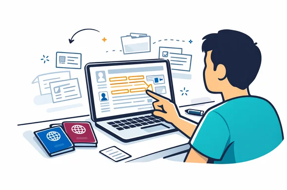 Flat vector illustration, clean modern 2D style, faceless abstract character reviewing multiple documents on a laptop screen. Two passports, visa form fields, and highlighted name-matching lines are visible on a desk. Deep blue and turquoise palette with subtle travel accent color, organized and calm scene, minimalist white and light grey background, thin outline graphics of folders and document cards. Emphasis on consistency checks, no photorealism, no facial detail, safe administrative atmosphere.