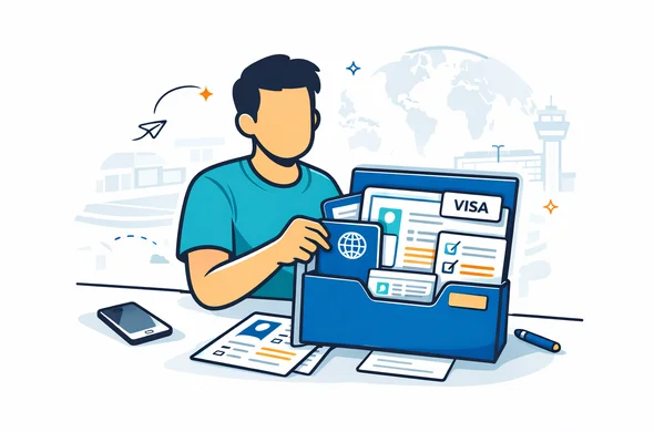 Modern flat vector illustration, calm administrative travel scene. A faceless traveler organizes a visa document folder with passport, boarding pass, phone, checklist, and labeled document cards. Deep blue and turquoise brand palette, clean white and grey background, subtle outline of an airport terminal and world map shapes, organized safe atmosphere, efficient process, 2D semi-flat illustration, no photorealism, no detailed facial features.