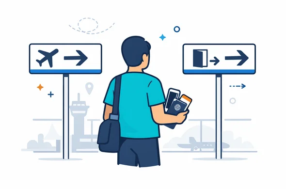 Flat or semi flat vector illustration, modern travel tech style, clean lines, 2D with slight isometric feel, deep blue and turquoise primary palette with soft amber accent, faceless abstract traveler standing in an airport between two signs, one sign says transit and the other says exit, traveler holding passport phone and boarding pass, calm organized efficient safe atmosphere, minimalist white and light grey airport background with subtle terminal silhouettes and route icons, no photorealism, no text details beyond simple symbolic signage