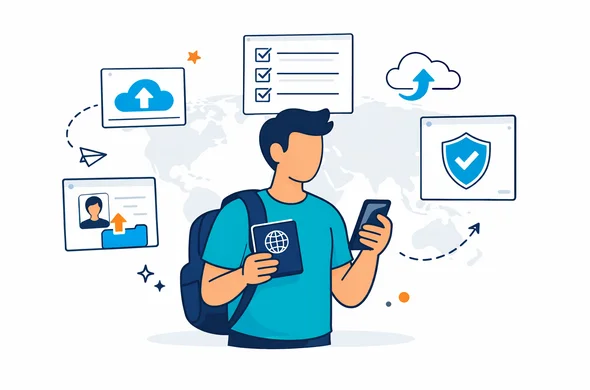 Flat or semi-flat vector illustration, modern travel-tech style, 2D clean lines, deep blue and turquoise primary palette with soft amber accent, abstract faceless traveler holding a passport and smartphone, digital visa application screens floating around with upload icons, checklist, cloud sync, shield symbol, calm organized atmosphere, minimalist white and light grey background with faint world map outline, no readable text, not photorealistic, clean SaaS landing page illustration