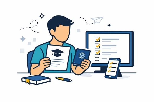 Flat semi-flat vector illustration, clean modern tech style, 2D scene with an abstract faceless student sitting at a desk, comparing a study acceptance letter, passport, and phone with a checklist on screen. Deep blue and turquoise primary palette, warm yellow accent for guidance, calm organized atmosphere, minimalist white and light grey background, subtle geometric shapes, no photorealism, no facial details, clean lines, safe efficient workflow feel.