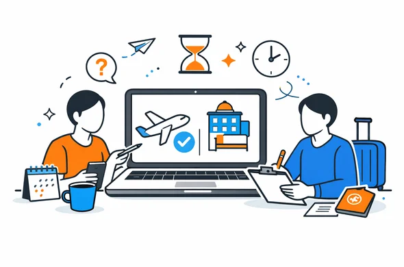 Flat semi-flat vector illustration of careful travel planning while visa is still pending, abstract faceless characters, laptop with flight and hotel icons, calm organized atmosphere, minimal background, Aid-Air palette