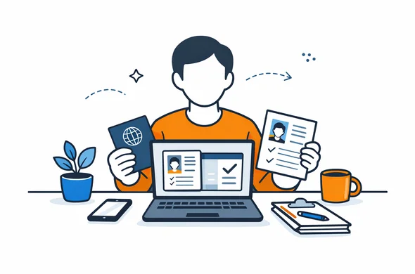 Flat semi-flat vector illustration, clean modern tech feel, faceless abstract character reviewing visa documents on a laptop, organized desk, calm atmosphere, minimal background, Aid-Air palette