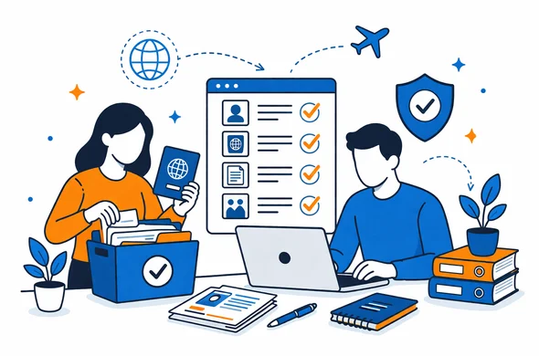 Flat vector illustration, modern digital workflow for visa application, abstract faceless characters organizing files and checking details before submission, calm organized atmosphere, minimal background, Aid-Air palette