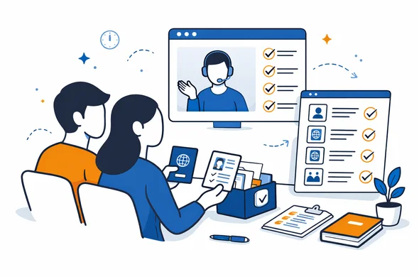 Semi-flat vector illustration, faceless abstract characters receiving calm online guidance for a visa process, screens, organized documents, minimal background, clean modern tech feel, Aid-Air palette