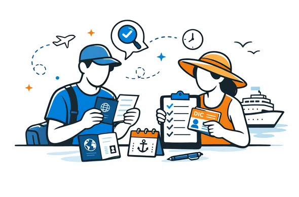 Flat vector illustration of cruise passengers reviewing travel documents before a port stop, calm modern tech style, faceless abstract characters, minimal background, Aid-Air palette