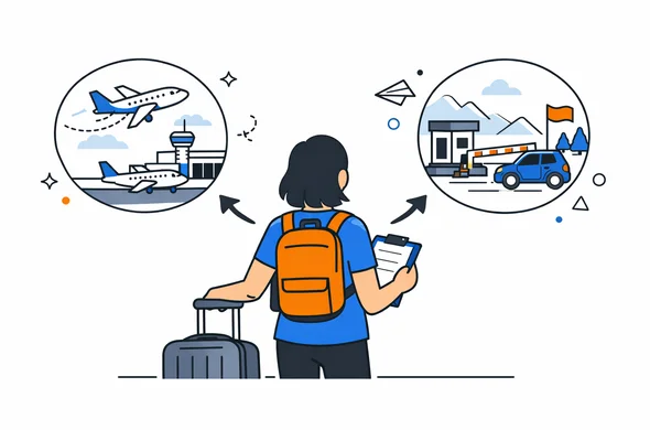 Vector illustration of a traveler choosing between airplane route and land border crossing, calm travel planning, flat semi-flat style, clean modern tech feel, faceless abstract characters, minimal background, Aid-Air palette