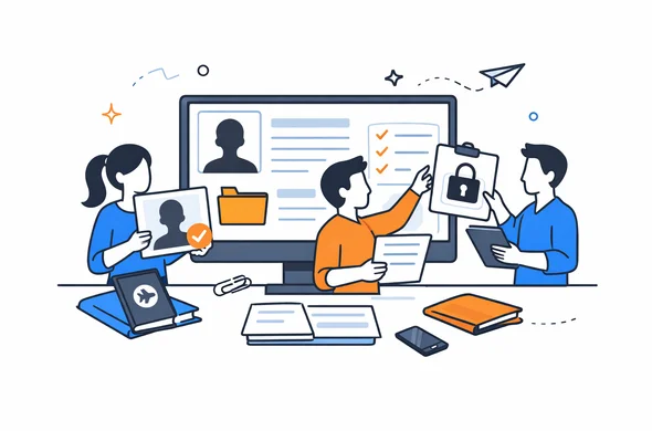 Flat semi-flat vector illustration of a clean visa application dashboard setup, abstract faceless characters organizing profile details and documents, calm organized atmosphere, minimal background, Aid-Air palette
