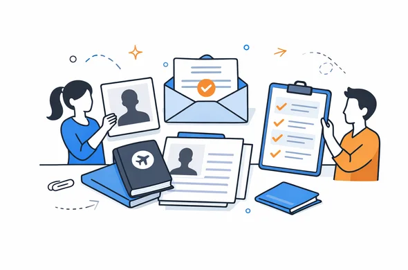 Flat semi-flat vector illustration of organized travel documents, passport, email confirmation and checklist before creating a visa account, abstract faceless characters, clean modern tech feel, minimal background, Aid-Air palette