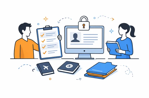 Flat semi-flat vector illustration of a calm organized visa preparation scene with abstract faceless characters, checklist, passport, secure digital account and neat folders, minimal background, Aid-Air palette