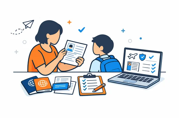 Flat semi-flat vector illustration, parent organizing a child travel document set on a desk, passports papers checklist laptop, calm organized atmosphere, faceless abstract characters, clean modern tech feel, minimal background, Aid-Air palette
