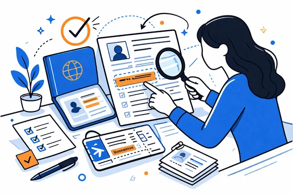Flat vector illustration of travel documents on a desk, passport, visa form, boarding pass and supporting papers with highlighted name fields, calm organized atmosphere, clean modern tech feel, faceless abstract characters, minimal background, Aid-Air palette. Flat vector illustration of travel documents on a desk, passport, visa form, boarding pass and supporting papers with highlighted name fields, calm organized atmosphere, clean modern tech feel, faceless abstract characters, minimal background, Aid-Air palette.