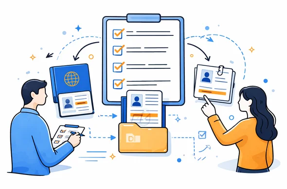 Flat vector illustration of a calm step-by-step checklist for verifying name consistency before visa submission, passport, form and supporting documents aligned, faceless abstract characters, minimal background, clean modern tech feel, Aid-Air palette. Flat vector illustration of a calm step-by-step checklist for verifying name consistency before visa submission, passport, form and supporting documents aligned, faceless abstract characters, minimal background, clean modern tech feel, Aid-Air palette.