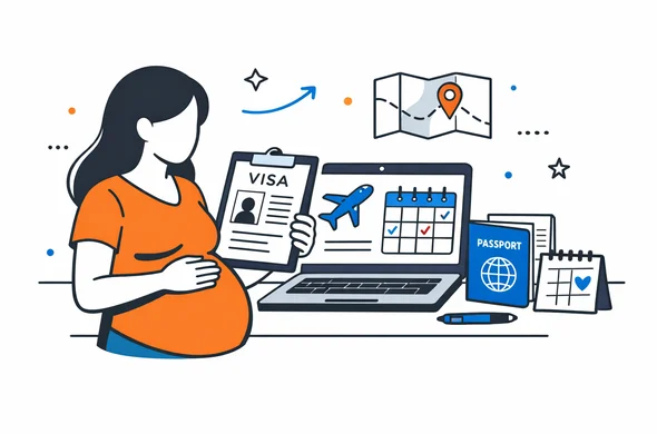 flat vector illustration of a pregnant traveler planning a trip with visa documents, passport and laptop, calm organized atmosphere, faceless abstract characters, clean modern tech feel, minimal background, Aid-Air palette