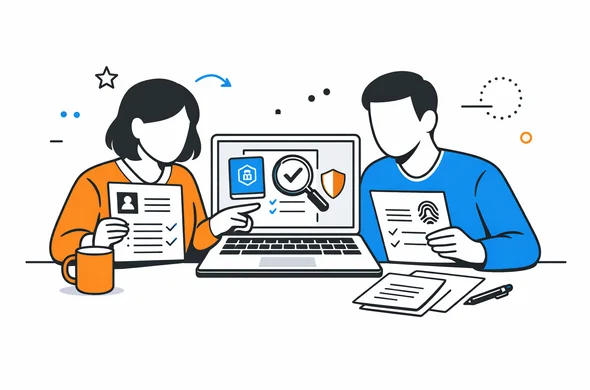 Flat semi-flat vector illustration, modern tech style, faceless abstract characters reviewing visa-related document terms on laptop and printed papers, calm organized workspace, minimal background, Aid-Air color palette Flat semi-flat vector illustration, modern tech style, faceless abstract characters reviewing visa-related document terms on laptop and printed papers, calm organized workspace, minimal background, Aid-Air color palette