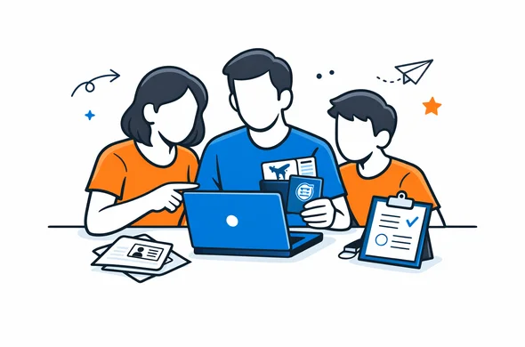 Flat semi-flat vector illustration, faceless abstract family reviewing urgent travel documents on laptop, calm organized atmosphere, minimal background, Aid-Air palette, clean modern tech feel