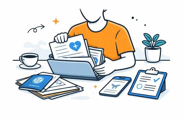 Flat semi-flat vector illustration, faceless abstract person organizing medical letters, passport and flight confirmations for urgent travel, calm organized workspace, minimal background, Aid-Air palette