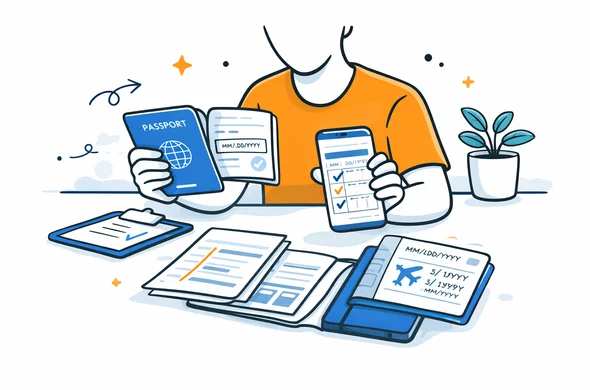 Flat semi-flat vector illustration, faceless abstract traveler checking passport validity and travel dates on phone and documents, calm organized atmosphere, minimal background, Aid-Air palette, modern vector style