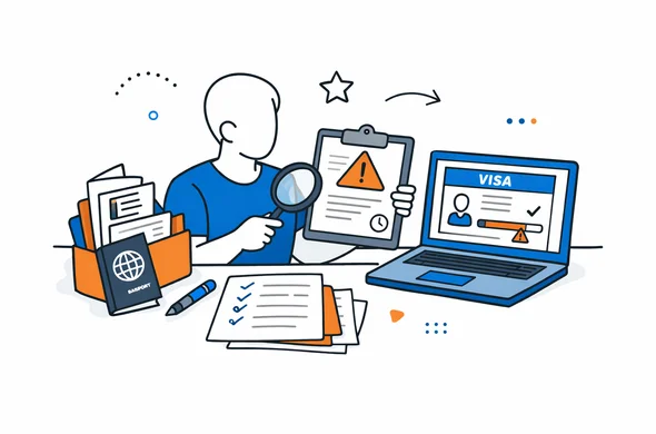 Flat semi-flat vector illustration, faceless abstract traveler organizing visa documents and checking a stalled application, calm organized atmosphere, minimal background, Aid-Air palette, modern tech feel