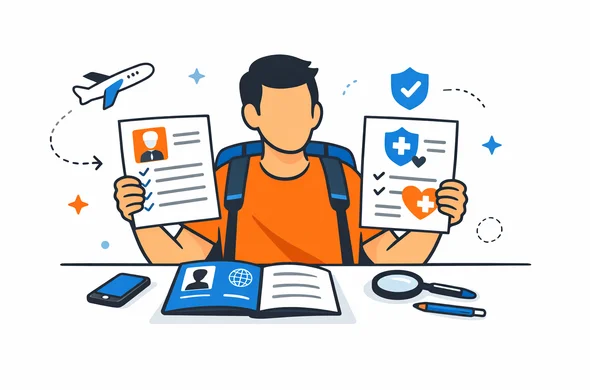 Flat semi flat vector illustration, faceless abstract traveler comparing visa documents and travel insurance papers on a clean desk, calm organized atmosphere, minimal background, Aid Air palette, modern tech feel