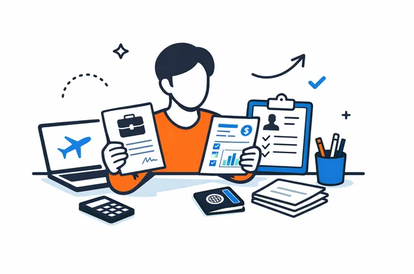 Flat semi-flat vector illustration, faceless abstract person reviewing employment documents for a visa application, calm organized desk, minimal background, Aid-Air palette, clean modern tech feel