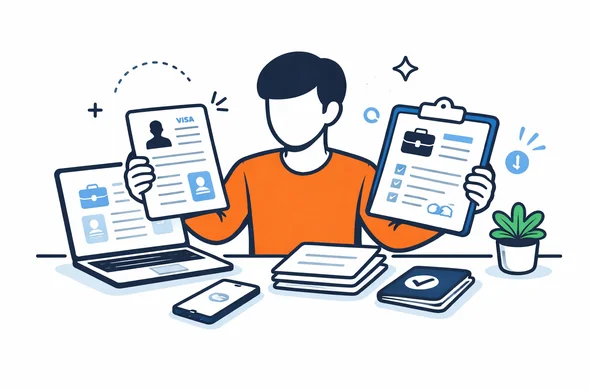 Flat semi-flat vector illustration, faceless abstract person comparing a visa form with employment papers and digital files, calm organized atmosphere, minimal background, Aid-Air palette, clean modern tech feel