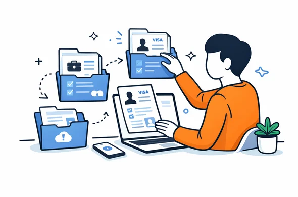 Flat semi-flat vector illustration, faceless abstract person organizing digital folders with visa and employment documents, calm organized workspace, minimal background, Aid-Air palette, clean modern tech feel