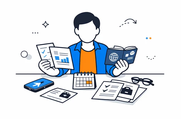 Flat semi-flat vector illustration, faceless abstract traveler reviewing mixed business and tourism trip documents, passport, phone, calendar and papers on desk, calm organized atmosphere, minimal background, Aid-Air palette, modern clean tech feel