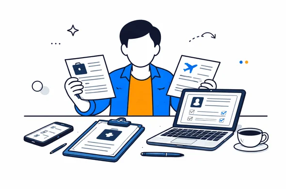 Flat semi-flat vector illustration, faceless abstract person comparing visa form, business invitation and travel itinerary on laptop and papers, calm organized atmosphere, minimal background, Aid-Air palette, clean modern tech style