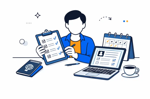 Flat semi-flat vector illustration, faceless abstract traveler doing final document check before visa submission, passport, laptop, checklist and calendar, calm organized workspace, minimal background, Aid-Air palette, modern tech feel