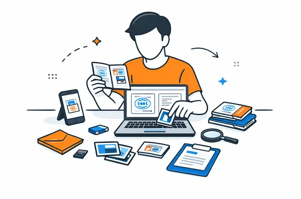 Flat vector illustration of a faceless traveler organizing old visas, passport stamps, and scanned travel documents on a tidy desk, calm modern tech atmosphere, minimal background, Aid-Air color palette