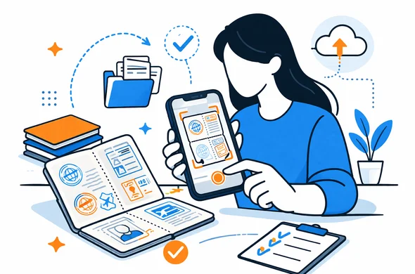 Semi-flat vector illustration of a smartphone scanning passport pages with old visas and entry stamps, faceless abstract character, clean modern tech style, minimal organized background, Aid-Air palette