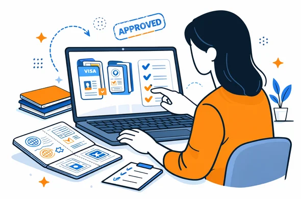 Flat vector illustration of a faceless person doing a final pre-submission check of visa documents, old passports, and organized digital files on a laptop, calm organized workspace, minimal background, Aid-Air palette